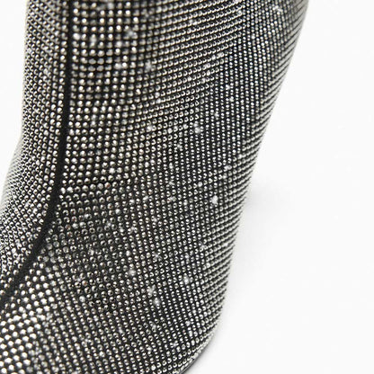 Silver Rhinestone Pointed Toe Chunky Heel Wide Calf Knee High Boots