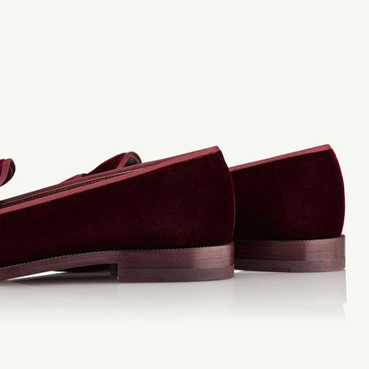 Maroon Velvet Round Toe Chunky Heel Slip-On Loafers