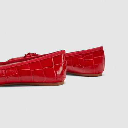 Red Crocodile Embossed Round Toe Bow Embellished Women's Ballet Flats