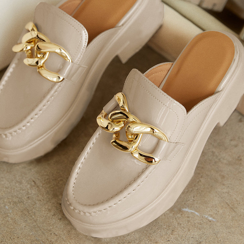 Beige Patent Leather Round Toe Chunky Mule Loafers with Metal Chain
