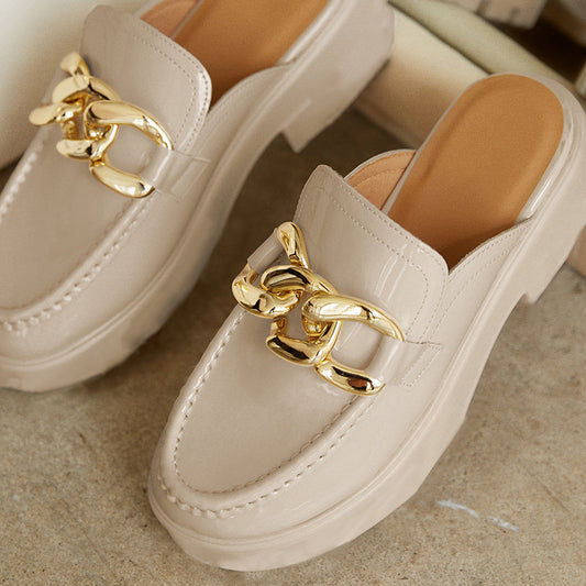 Beige Patent Leather Round Toe Chunky Mule Loafers with Metal Chain