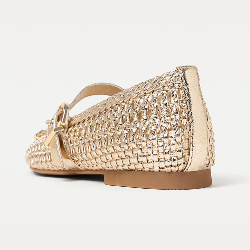 Gold Metallic Finish Woven Square Toe Bow Buckle Strap Flats