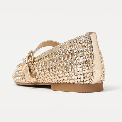 Gold Metallic Finish Woven Square Toe Bow Buckle Strap Flats