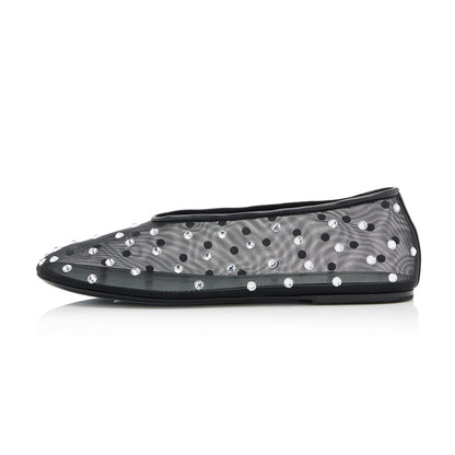Women's Black Mesh Round-Toe Rhinestone Embellished Flats