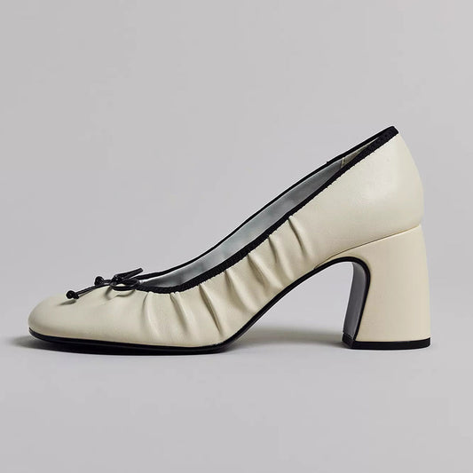 Classic Ivory Square Toe Chunky Heel Pleated Pumps Shoes with Bow