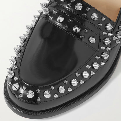 Black Patent Leather Rivet Round Toe Casual Vintage Flat Loafers