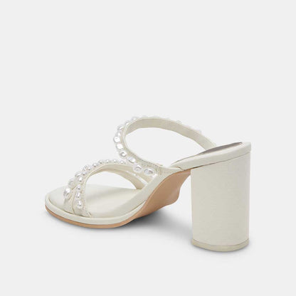 White Round Toe Chunky Heel Pearl-Studded Strappy Mules