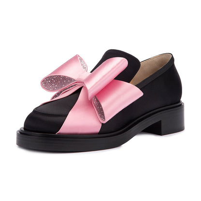 Black Satin Round Toe Pink Rhinestone Bow Platform Loafers for Women