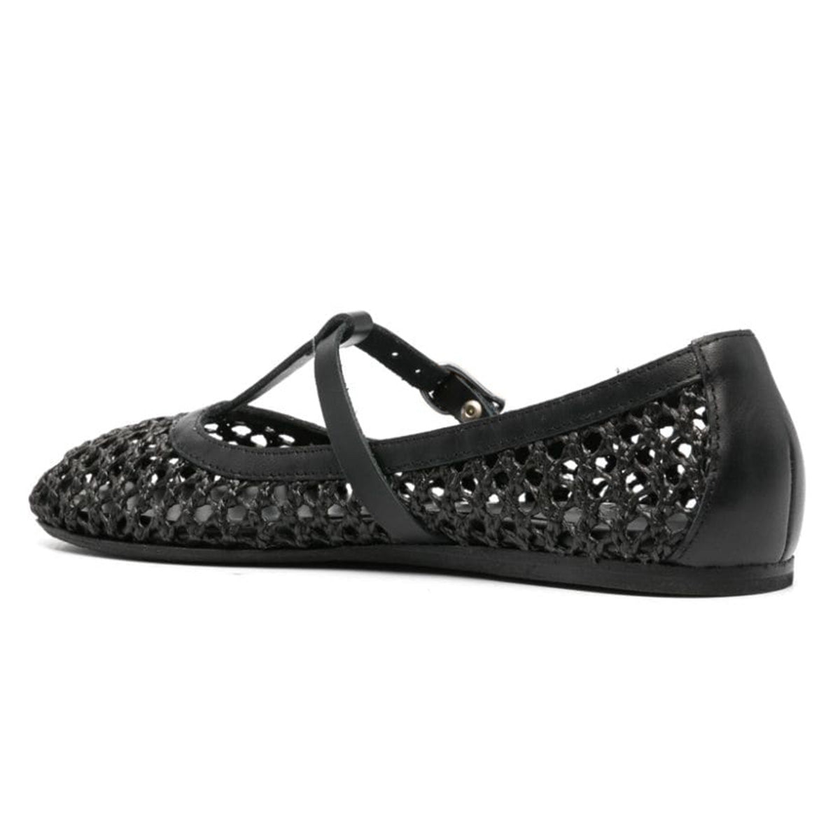 Black Raffia Woven Cut-Out T-Strap Rhinestone Buckled Ballet Flats