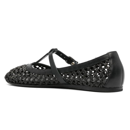 Black Raffia Woven Cut-Out T-Strap Rhinestone Buckled Ballet Flats
