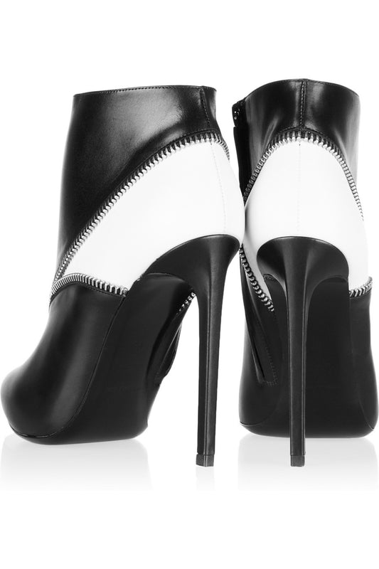 Black and White Zip Style Stiletto Heel Ankle Boots