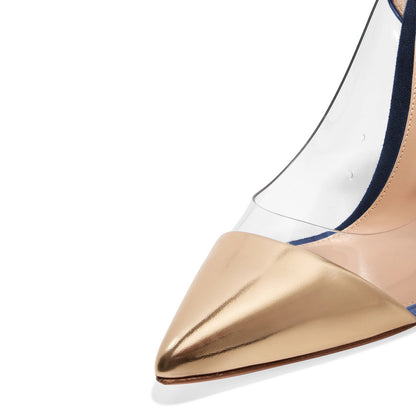Women's Gold and Navy Pointed Toe Transparent Pumps Heels