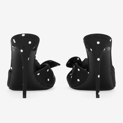 Black & White Polka Dot Open Toe Stiletto Heel Mules Shoes with Knot