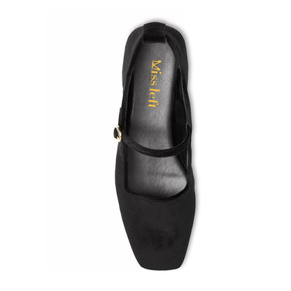 Black Velvet Square Toe Buckled Fashion Mary Jane Flats for Women
