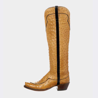 Yellow Ostrich Embossed Snip Toe Chunky Heel Western Boots for Women