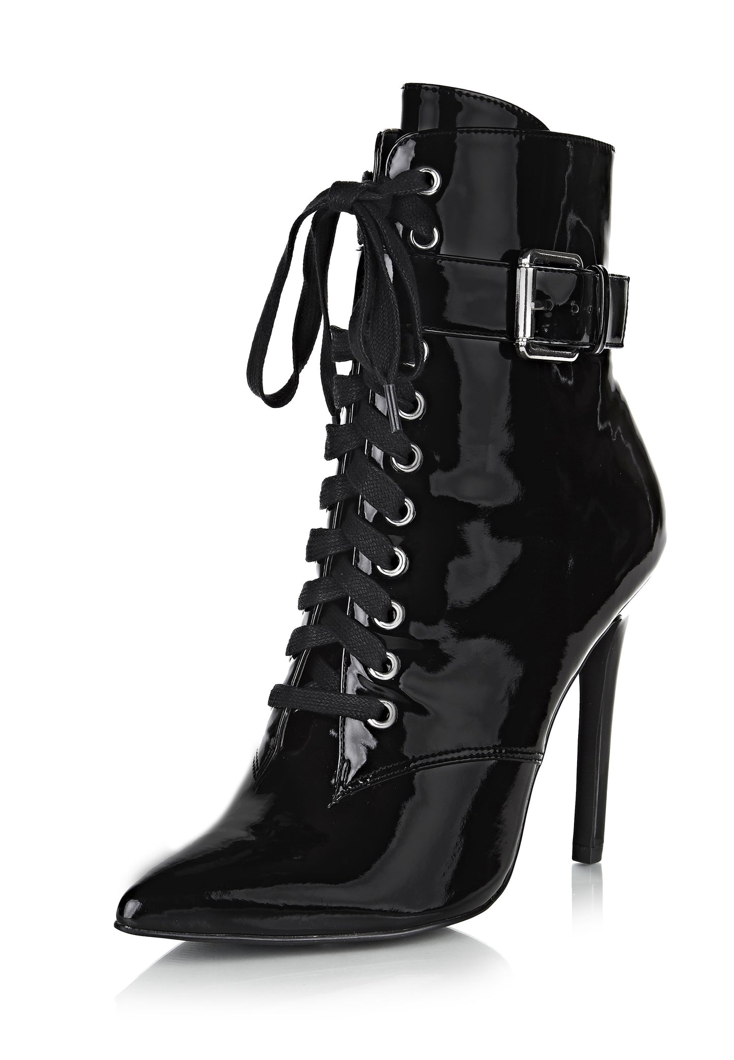 Black Patent leather Lace Up Stiletto Heels Pointy Toe Ankle Boots
