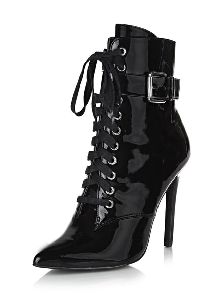 Black Patent leather Lace Up Stiletto Heels Pointy Toe Ankle Boots