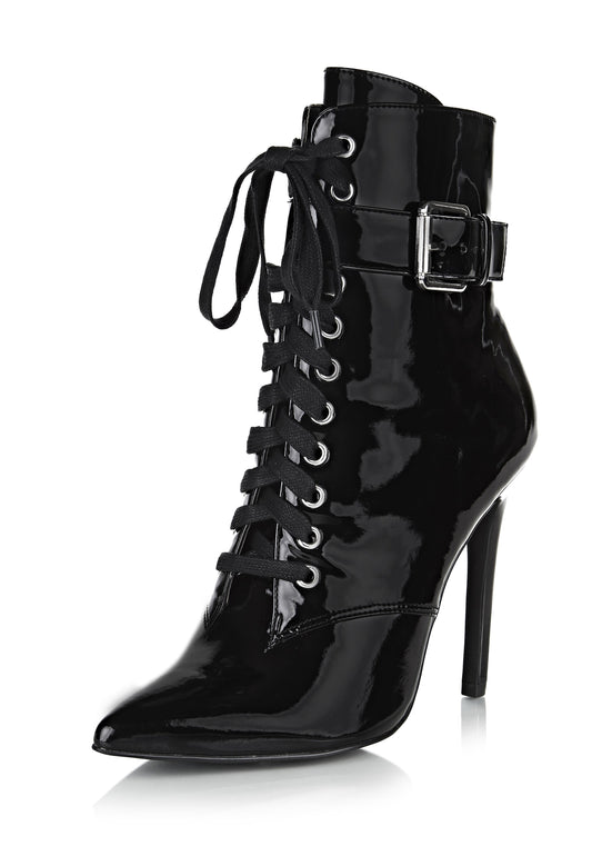Black Patent leather Lace Up Stiletto Heels Pointy Toe Ankle Boots