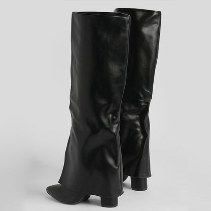 Black Pointed Toe Fold Over Knee High Boots with Chunky Heel