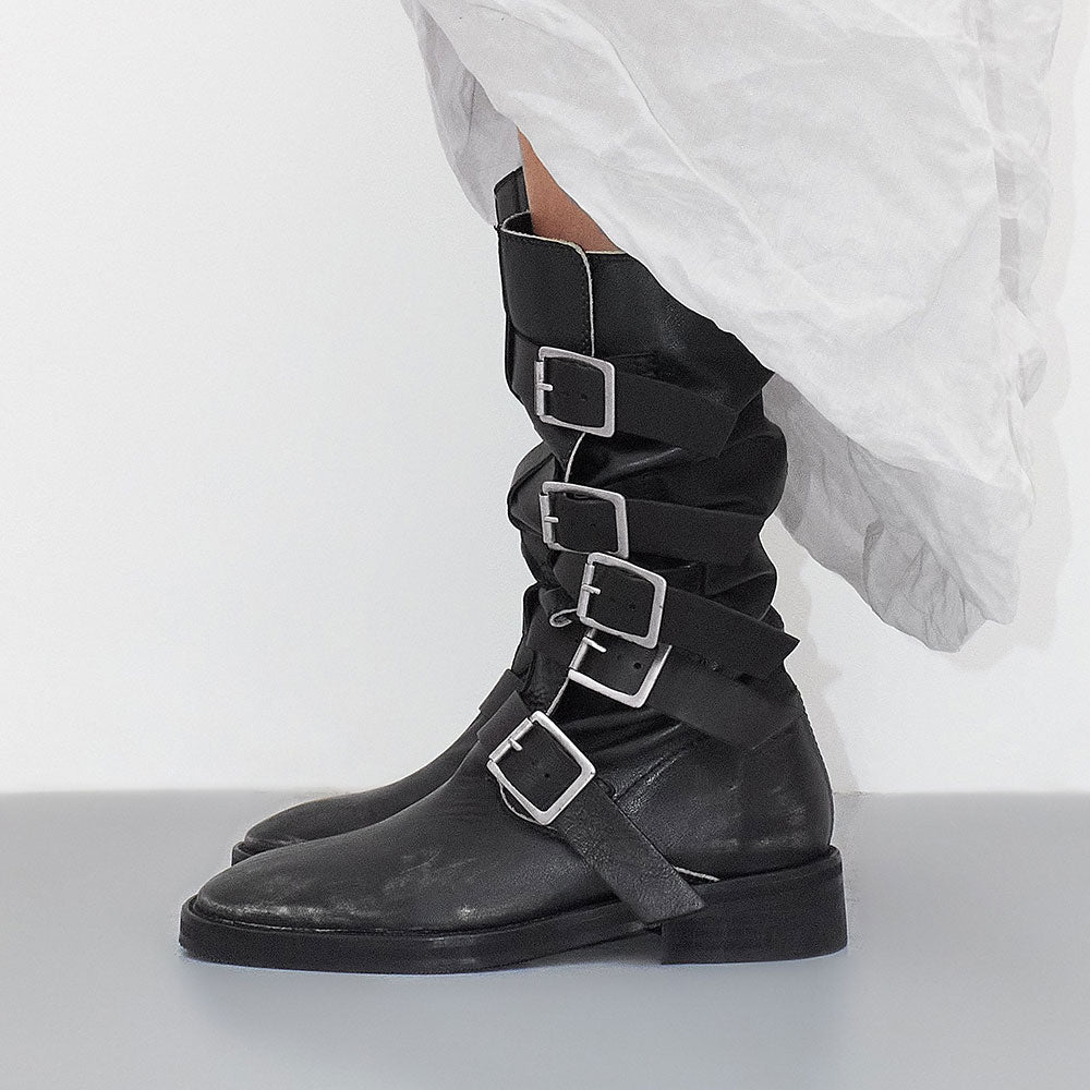 Black Square Toe Multi Buckle Straps Flat Mid Calf Boots with Zipper