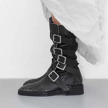 Black Square Toe Multi Buckle Straps Flat Mid Calf Boots with Zipper