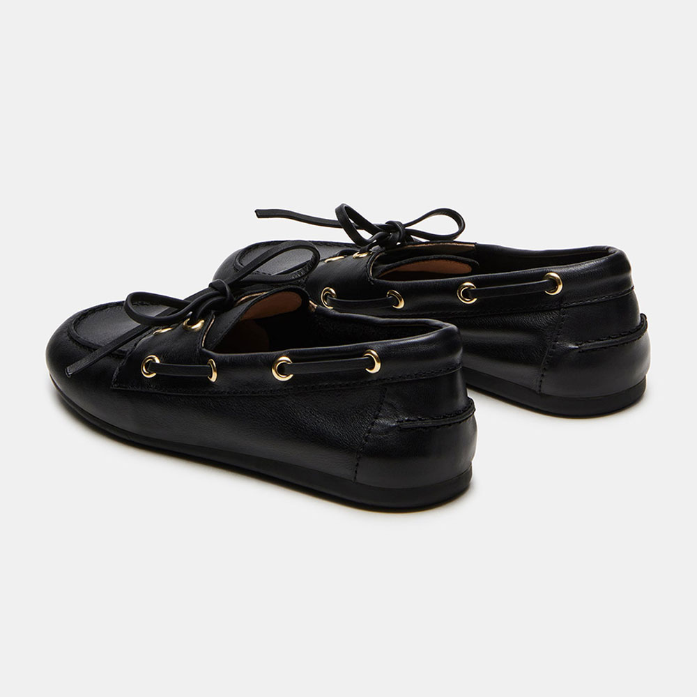 Vintage Black Faux Leather Round Toe Flat Lace Up Women's Loafers