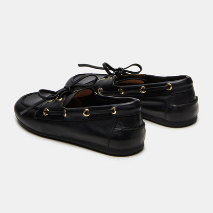 Vintage Black Faux Leather Round Toe Flat Lace Up Women's Loafers