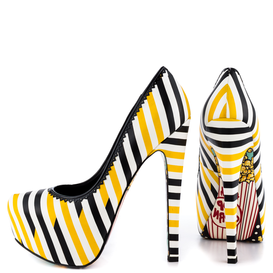 Yellow and Black Striped Print Closed Toe High Heels Platform Pumps