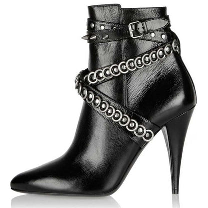 Black Studded Crisscross Strap Pointy Toe Cone Heel Ankle Boots