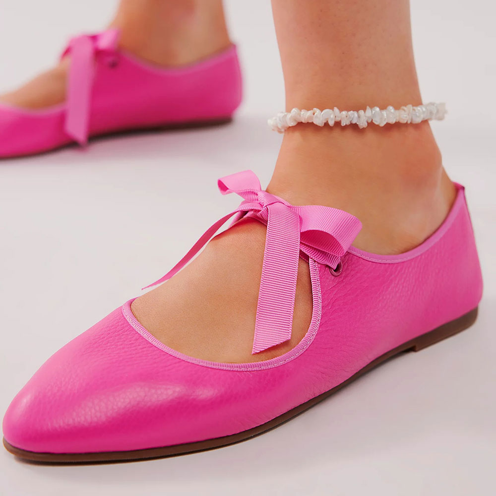 Almond Toe Tied Bow Strap Detailing Ballet Flats in Fuchsia