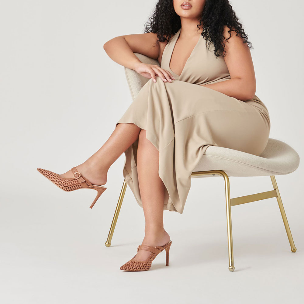 Brown Woven Raffia Pointed Toe Cut-Out Buckle Strap Mule Heels