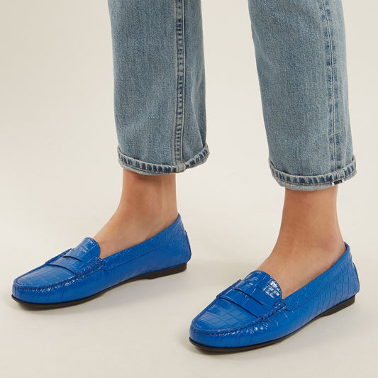Blue Croco Embossed Round Toe Casual Flats Penny Loafers for Women