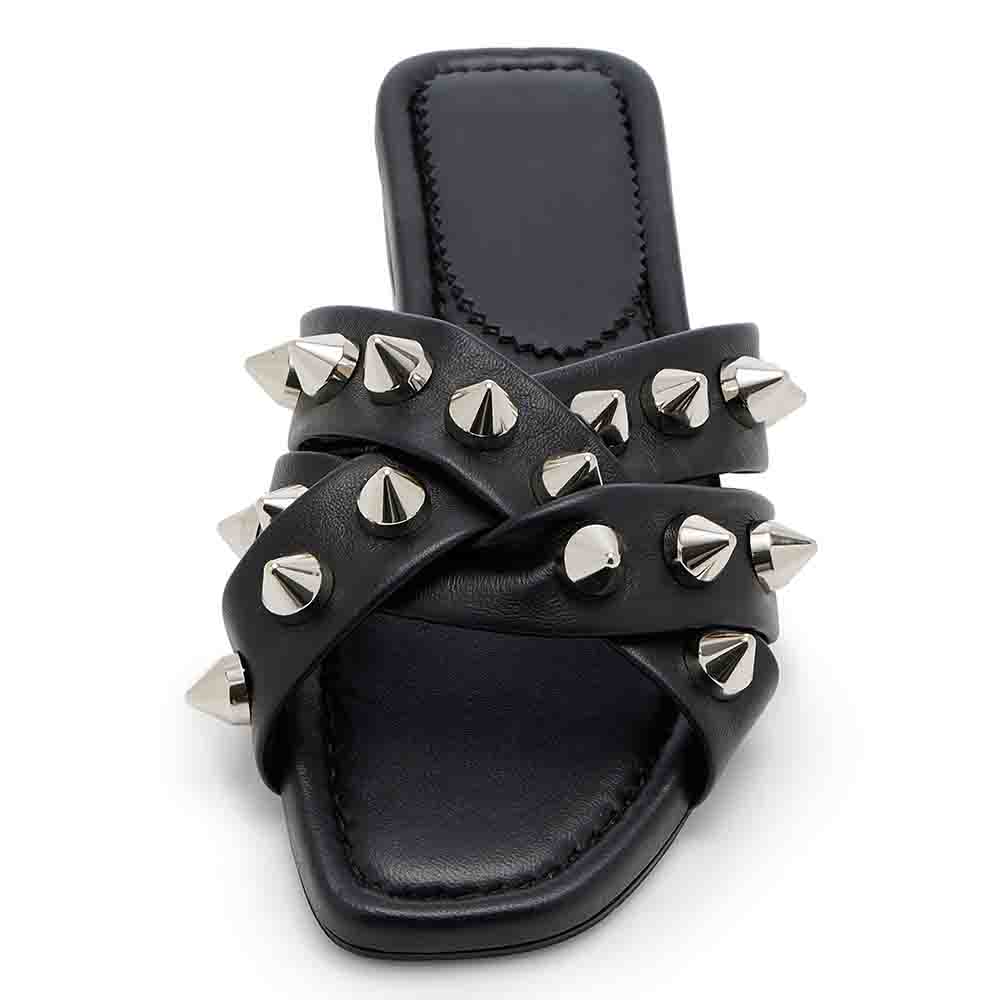 Black Open Toe Strappy Flats Rivet Embellishment Slides for Women