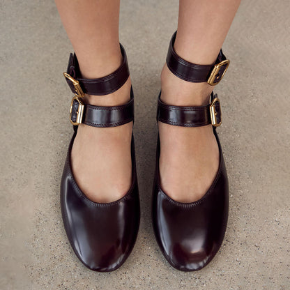 Maroon Round Toe Slingback Ballet Flats with Double Buckled Straps