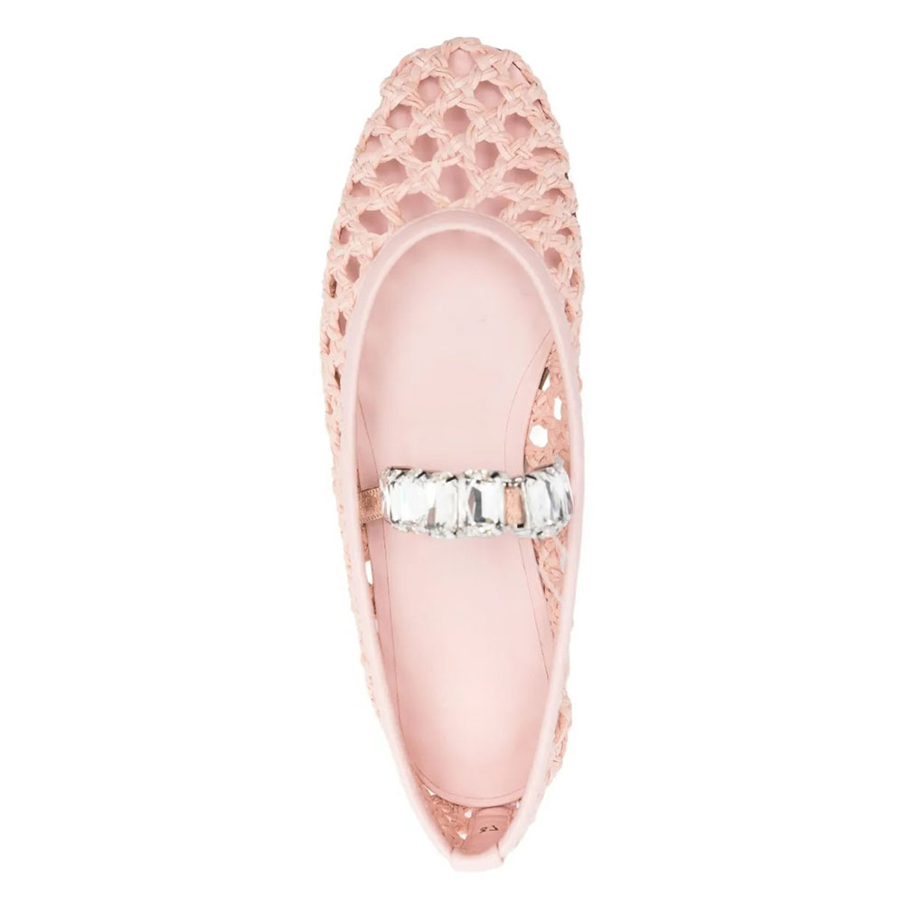 Light Pink Cutout Round Toe Rhinestone Ballet Flats with A Strap
