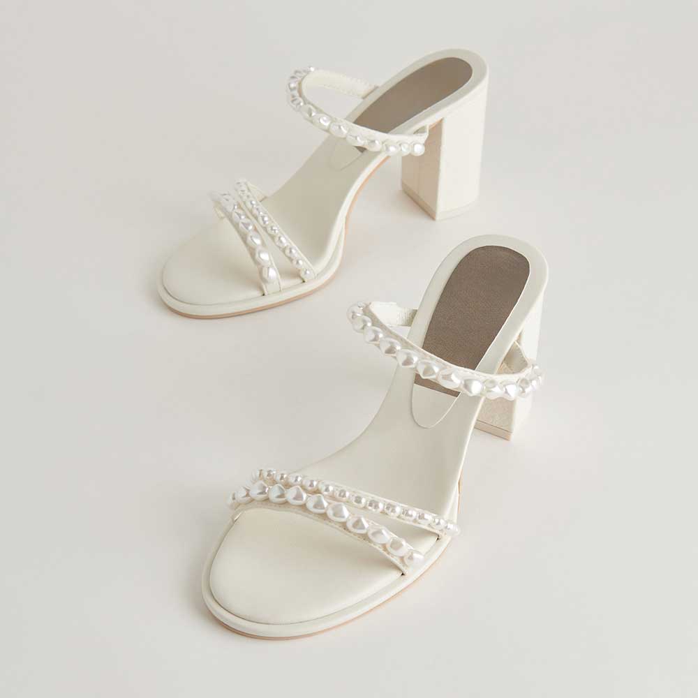 White Round Toe Chunky Heel Pearl-Studded Strappy Mules