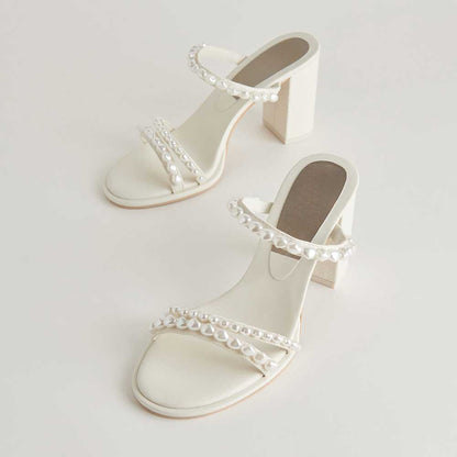White Round Toe Chunky Heel Pearl-Studded Strappy Mules