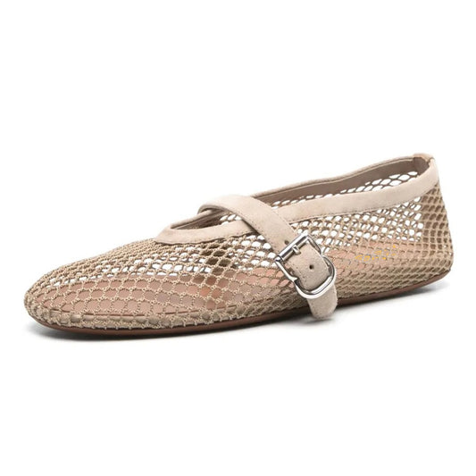 Women's Beige Round Toe Buckle Strap Classic Mesh Flats