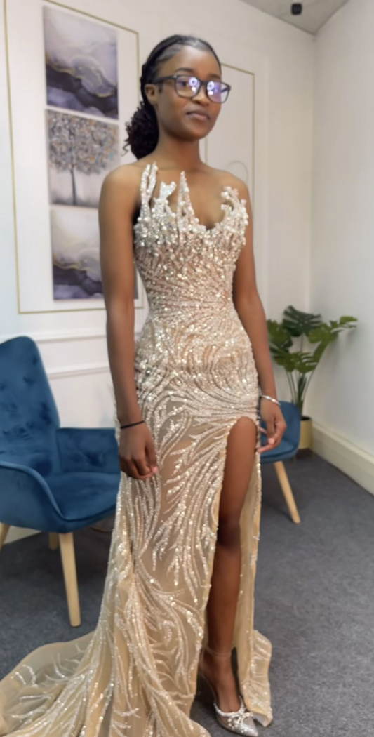 Sequin Lace Black Girl Prom Dress Champagne Evening Dress Graduation Dress cg26151