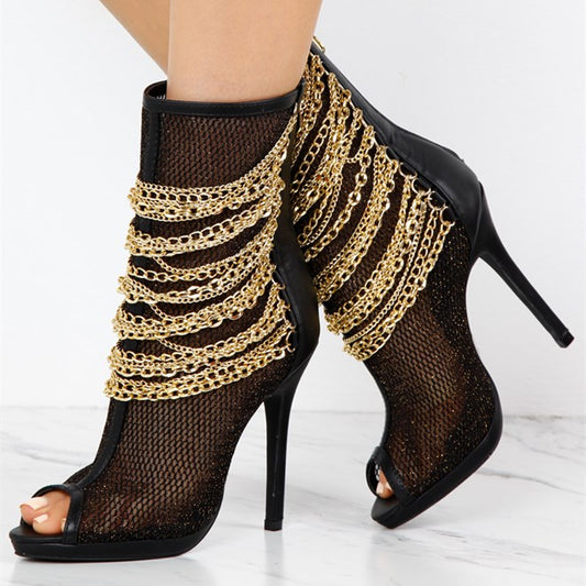 Women's Black Mesh Metal Chain Stiletto Heel Ankle Boots