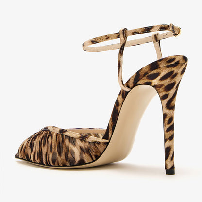 Brown Animal Print Peep Toe Ankle Strap Pleated Women's Heel Sandals