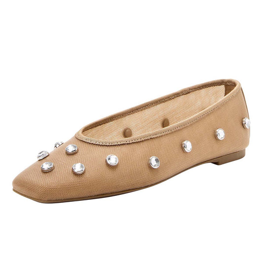 Tan Mesh Studded Rhinestone Square Toe Ballet Flats for Women