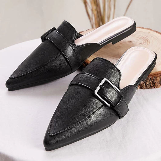 Black Pointed Toe Flats Buckle Mule Loafers for Women