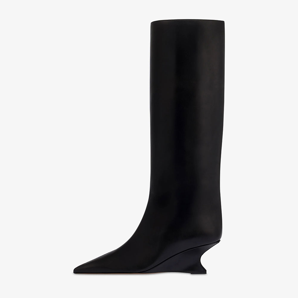 Black Pointed Toe Sculptural Wedge Heel Pull-On Knee High Boots