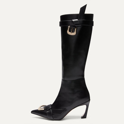 Pointy Toe Sculptural Heel Buckle Knotted Knee High Boots in Black