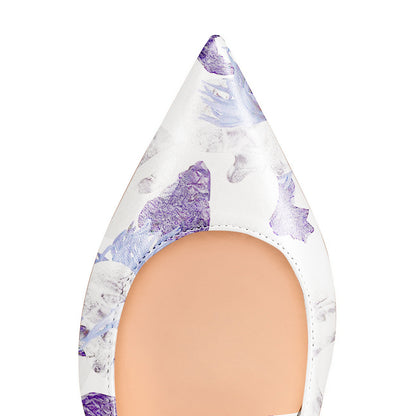 Women's White Pointed Toe Violet Floral Print Comfortable Flats