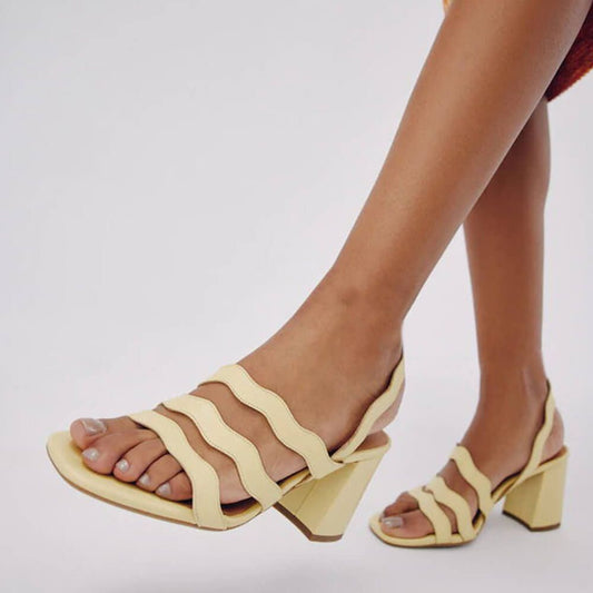 Yellow Open Toe Wavy Strap Chunky Heel Slingback Cute Sandals
