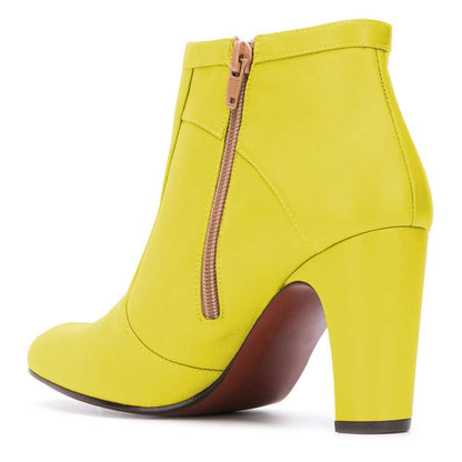 Women's Yellow Round Toe Chunky Heel Ankle Boots with Zipper