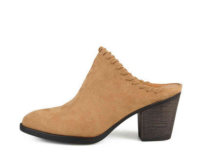 Women's Tan Vegan Suede Vintage Chunky Heels Mules Shoes