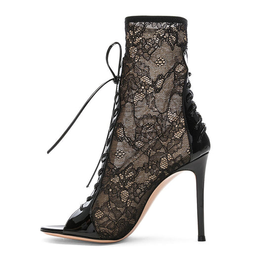 Black Stiletto Heel Booties Peep Toe Lace Up Ankle Boots for Women